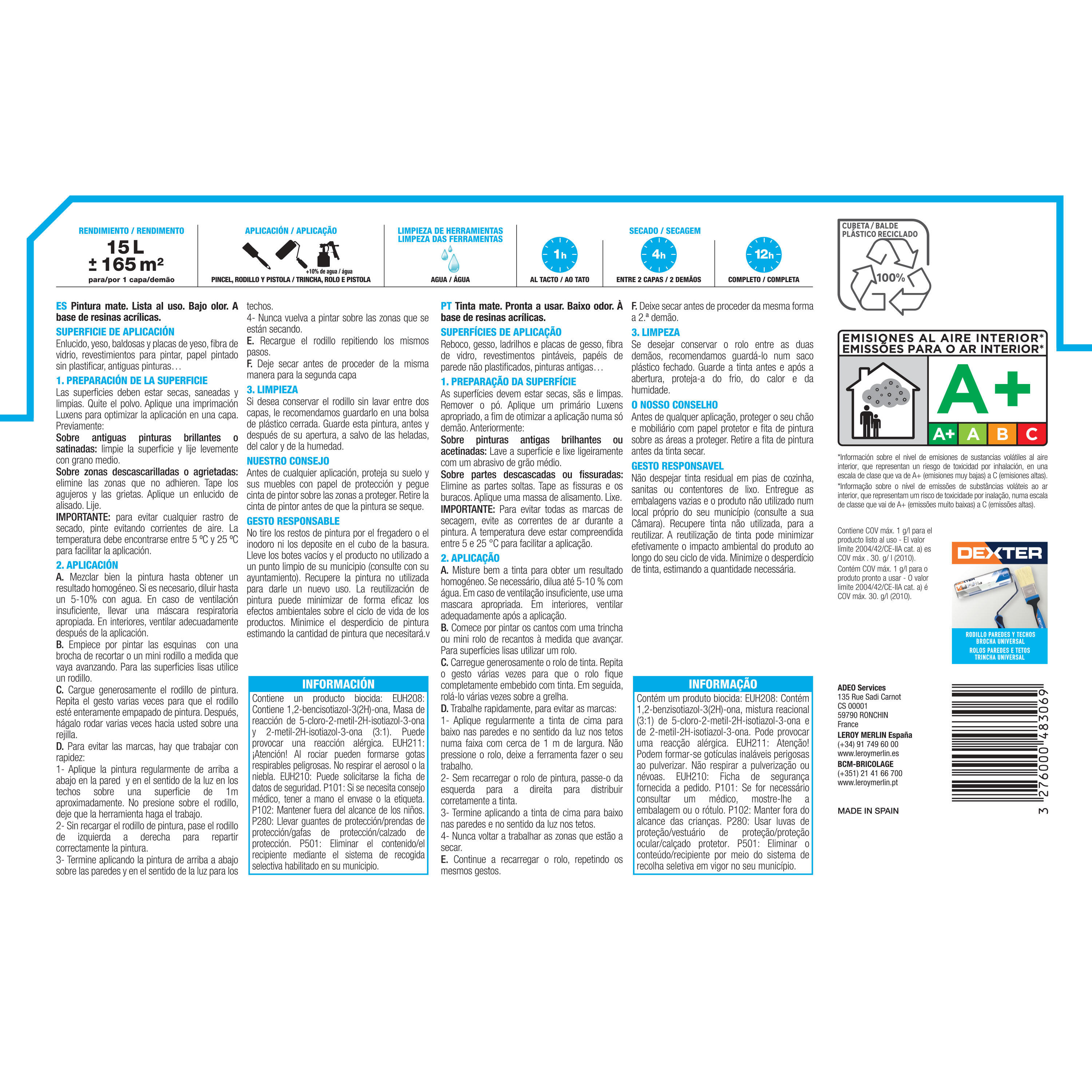 Pintura de interior Basic Blanco LUXENS color blanco mate 15L para paredes y techos - 5