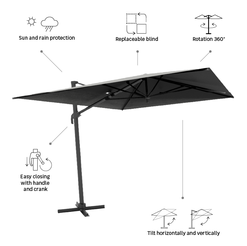 Ombrellone a palo laterale grigio Aura NATERIAL con telo quadrato antracite L 286 x P 286 x H 264 cm - 24