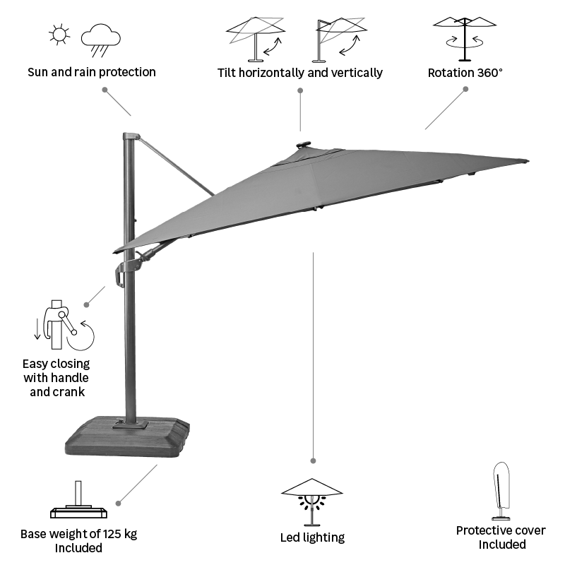 Ombrellone a palo laterale grigio SONORA II NATERIAL con telo rettangolare grigio L 282 x P 391 x H 274 cm - 12