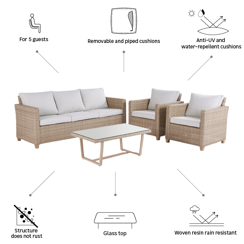 Salotto da giardino per 5 persone beige Medena NATERIAL con cuscini in poliestere bianco - 30