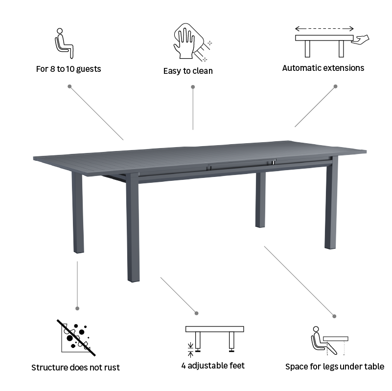 Mesa de alumínio Naterial Odyssea II Easy 180/240x100 cm Antracite - 12