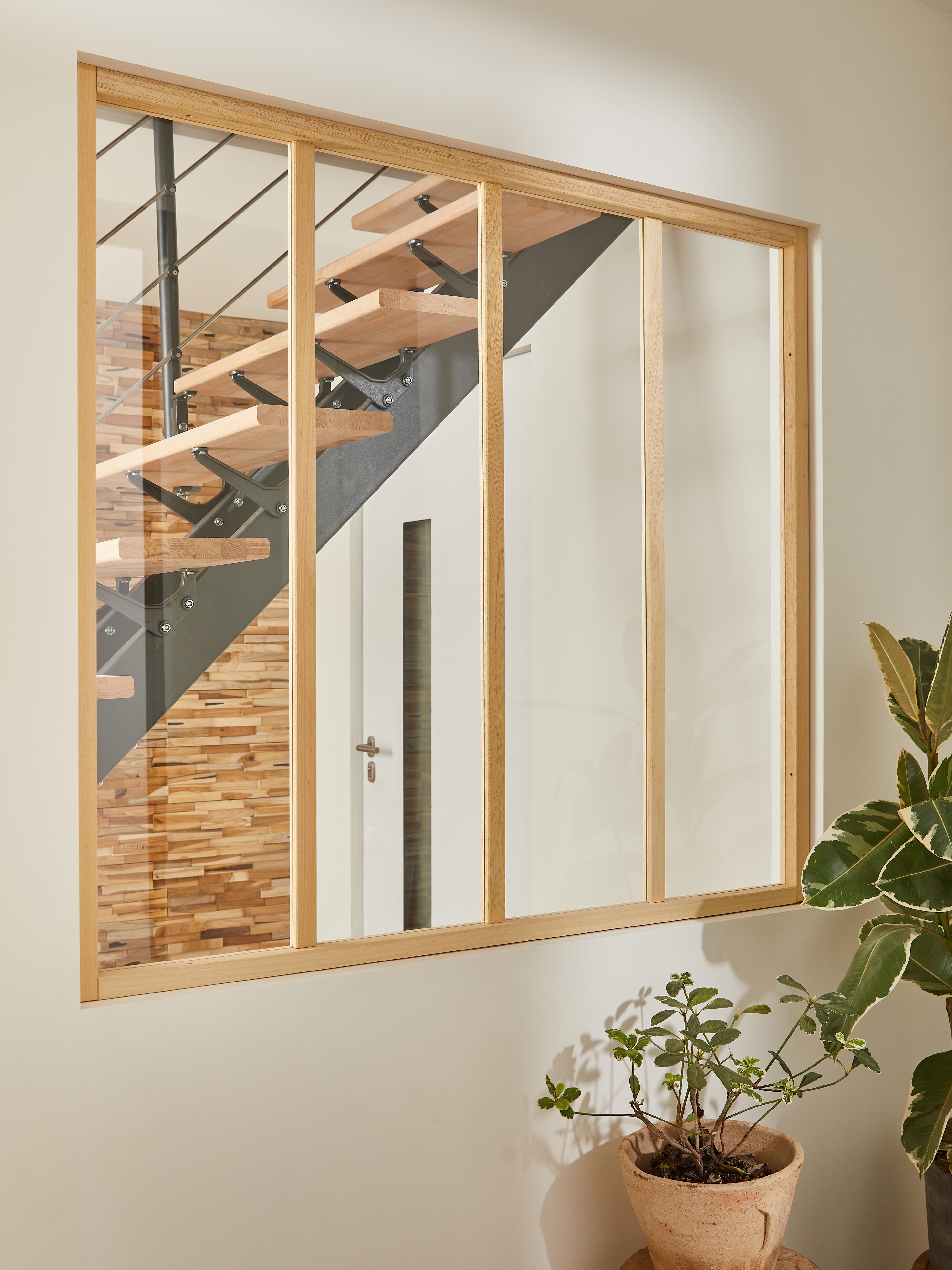 Verrière Atelier bois brut 4 carreaux vitrage givré inclus, H.108 x l.1