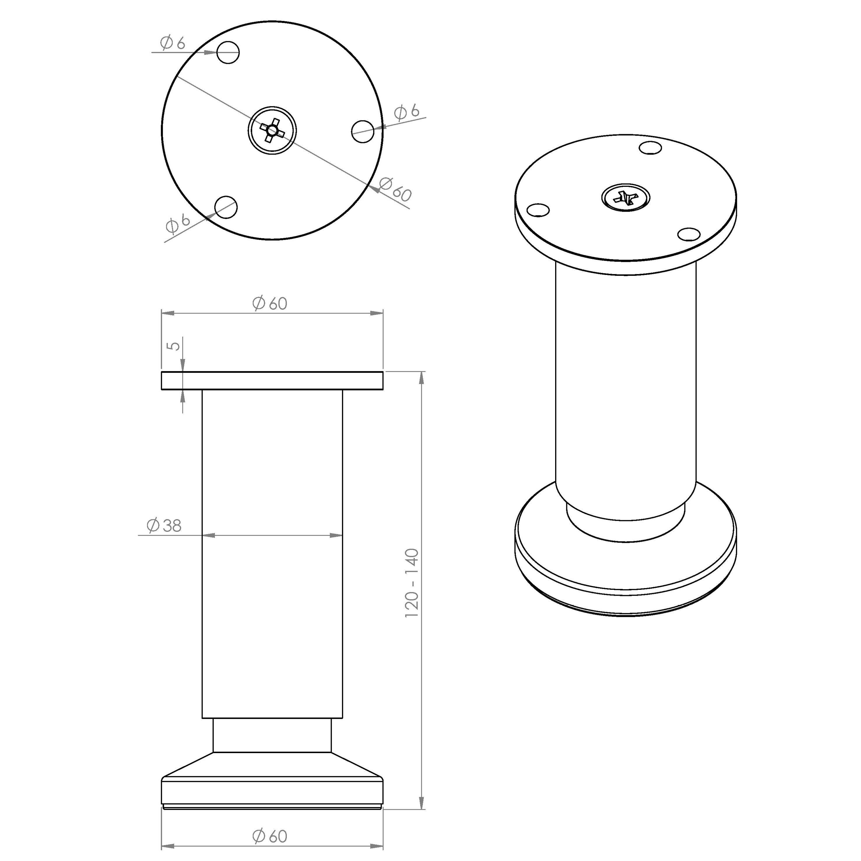 Pied de meuble CIME, brossé, diamètre 3.8 cm x hauteur réglable de 12 à 14 cm - 3