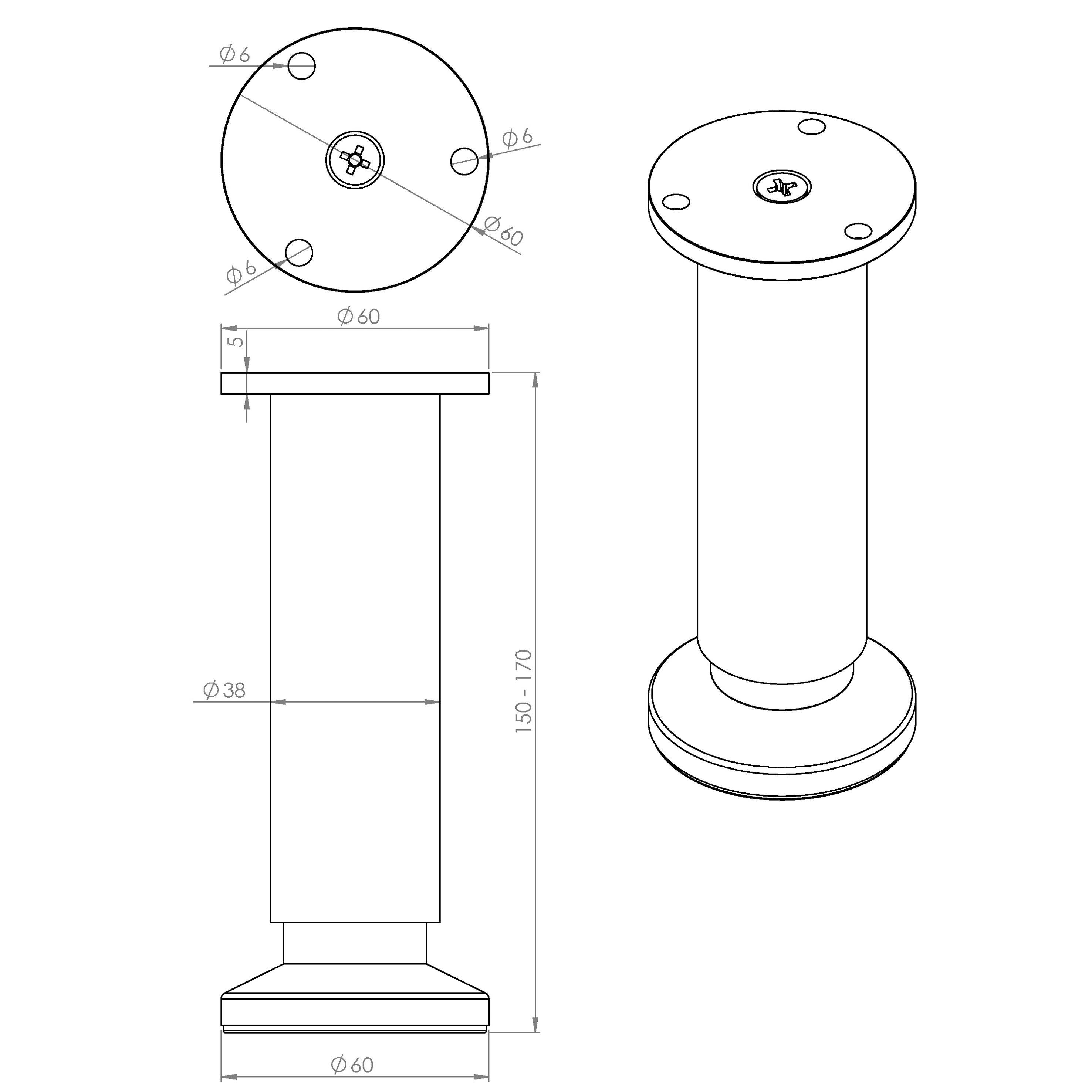 Pied de meuble CIME, brossé, diamètre 3.8 cm x hauteur réglable de 15 à 17 cm - 4