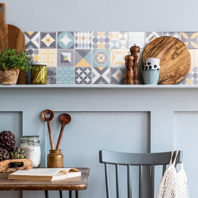 Piastrella adesiva Vintage Cadiz SMART TILES grigio e giallo e verde acqua 23 x 23 cm, spessore 1.8 mm confezione da 4 pezzi