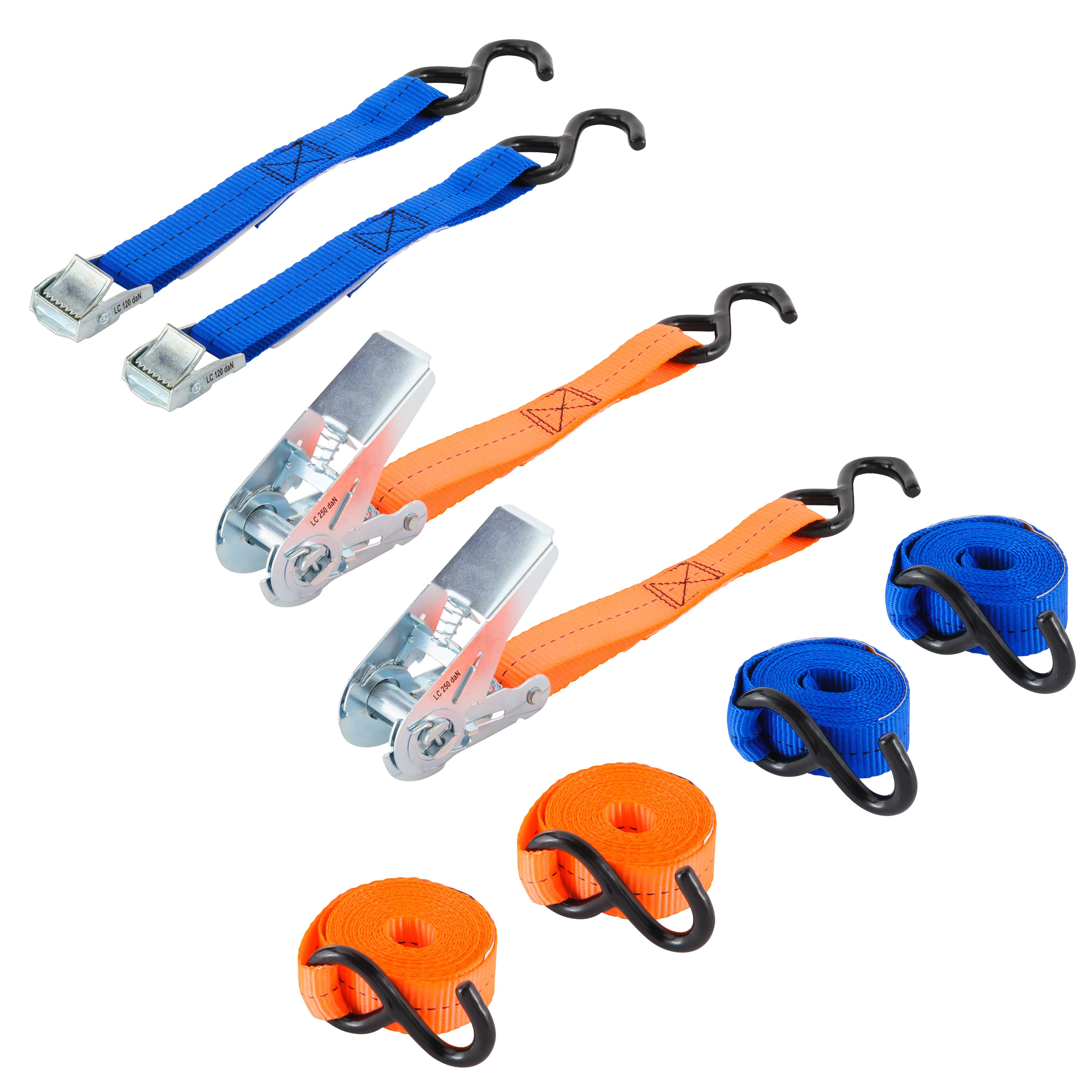 2 correas c/hebilla de leva + 2 correas c/tensor de carraca+ 4 ganchos