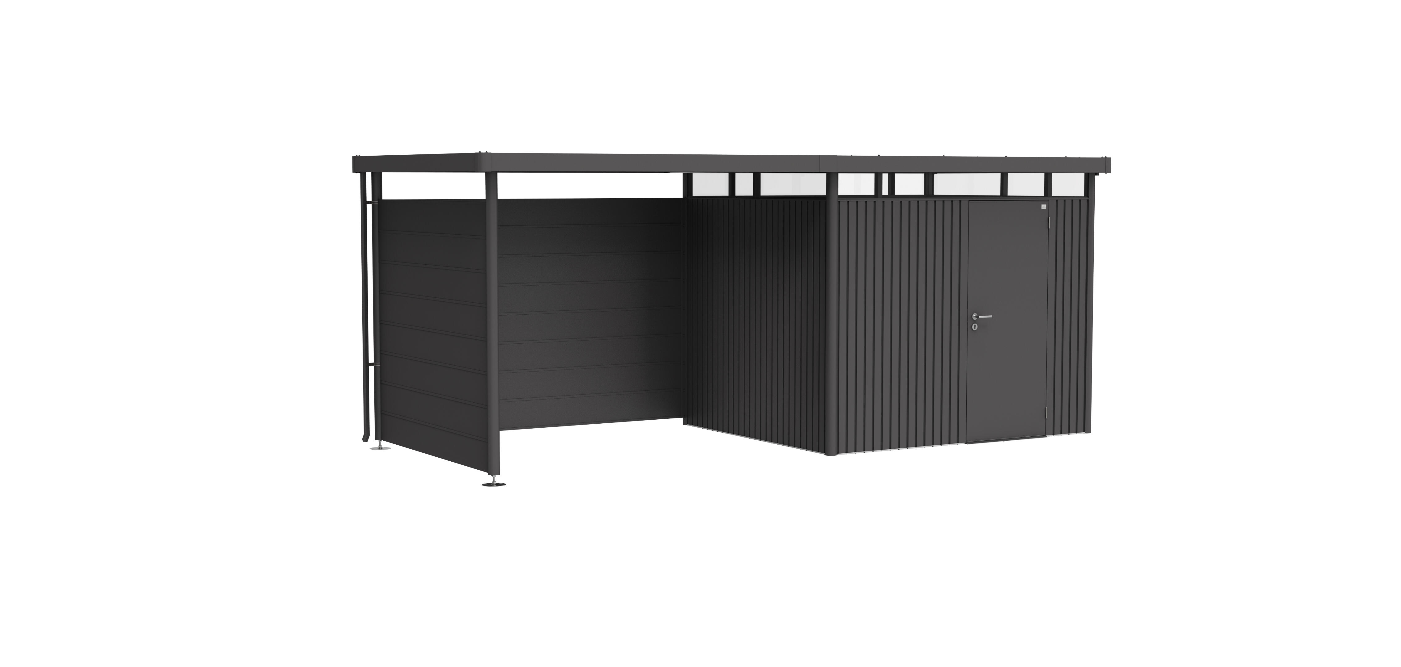 Caseta de metal highline h3 de 275x222x235 cm y 6.46 m2 con 0,5 mm espesor y puerta abatible biohort