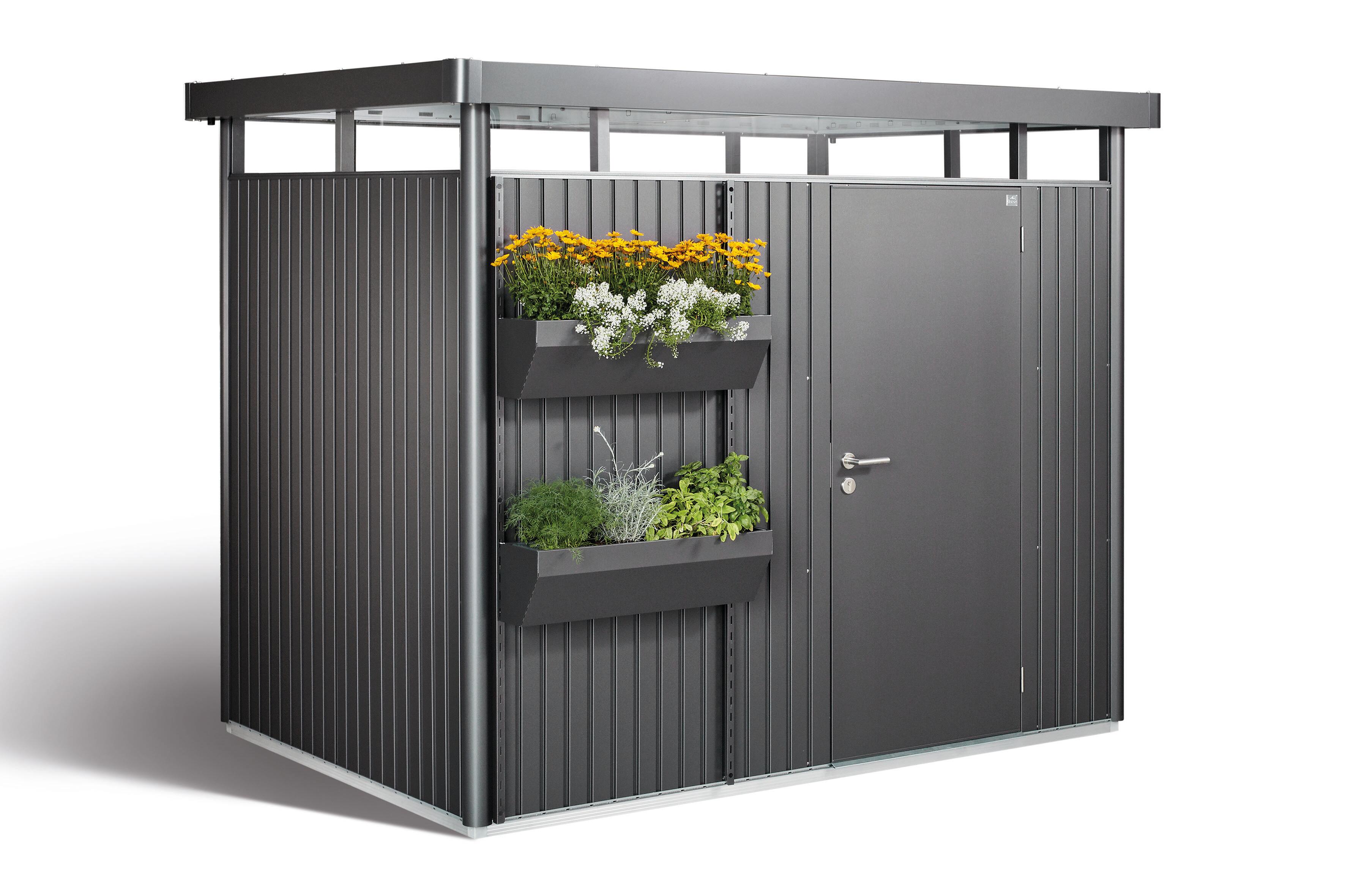 Caseta de metal highline de 275x222x195 cm y 5.36 m2 con 0,5 mm espesor y puerta abatible biohort