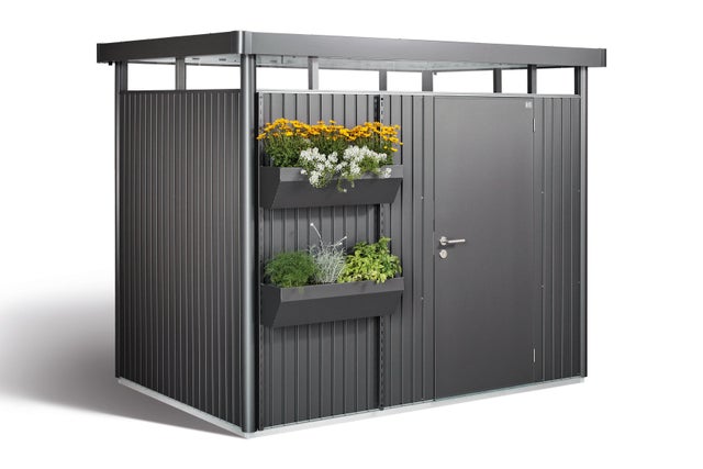 Caseta de metal HighLine H2 de 275x222x195 cm y 5.36 m2 con 0,5 mm espesor y puerta abatible BIOHORT