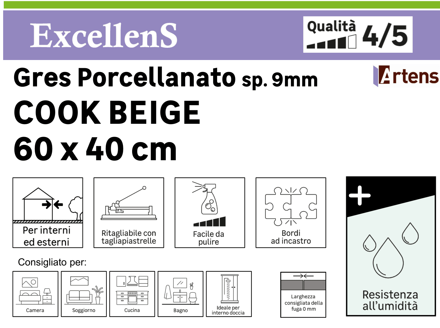 Piastrella da rivestimento interno ed esterno in gres porcellanato ARTENS 32 x 48 cm naturale opaco Porcelain cook Sp. 10 mm 1.25 mq - 16