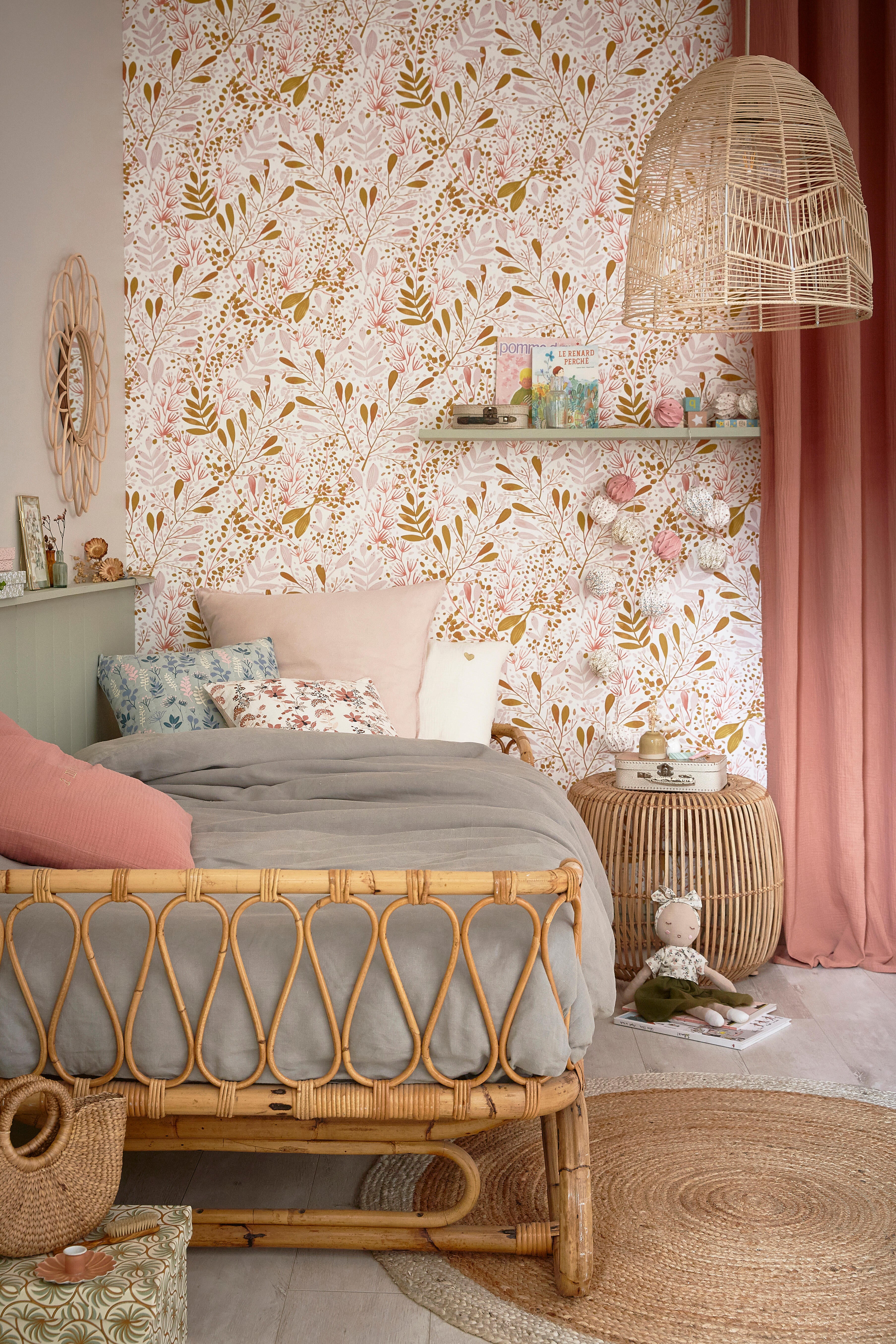 Papier peint intissé Florale Green life joy rose or fond blanc - 6