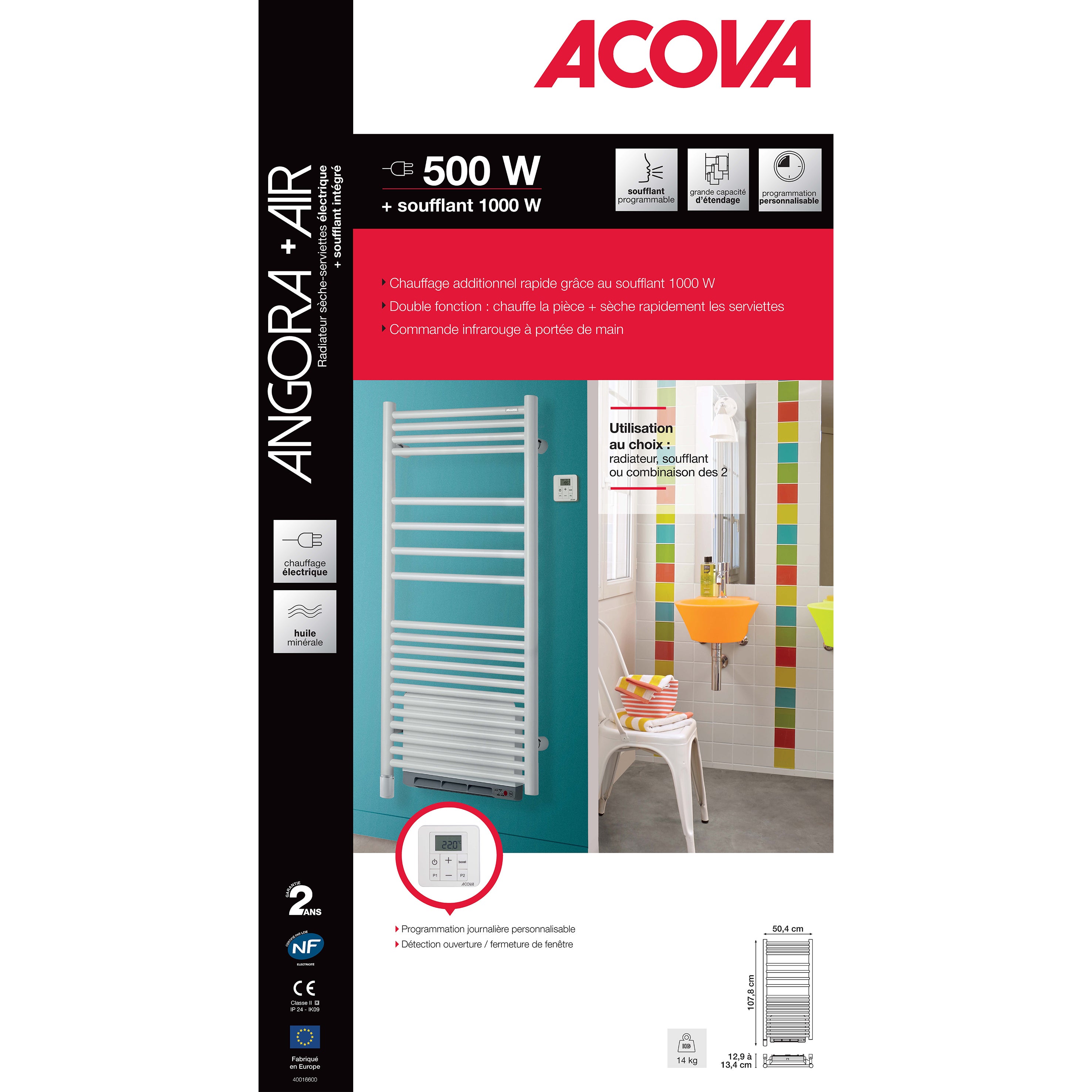 Sèche-serviettes électrique avec soufflerie ACOVA Angora air 500 + 1000W - 8