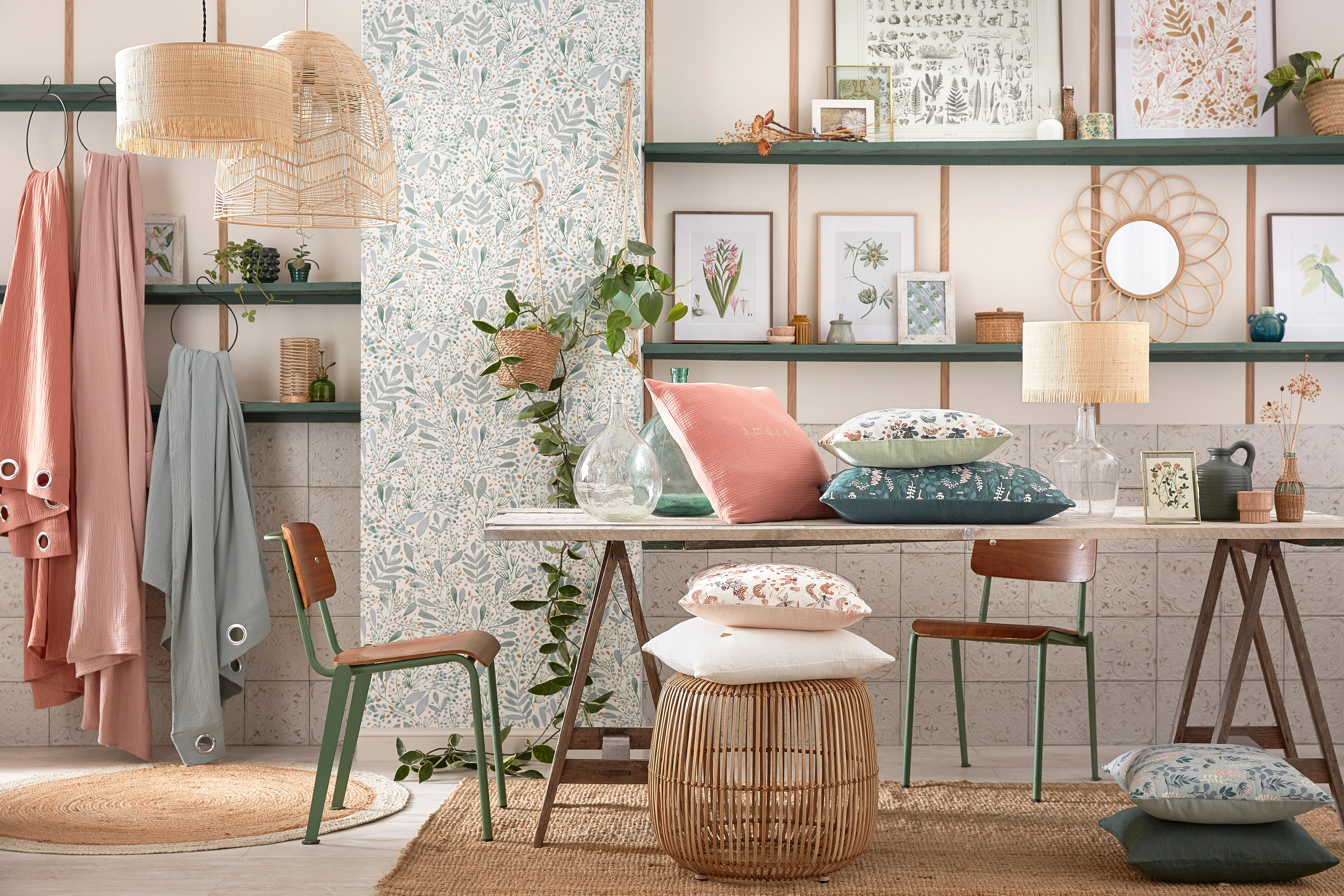 Papier peint intissé Florale Green life joy rose or fond blanc - 5