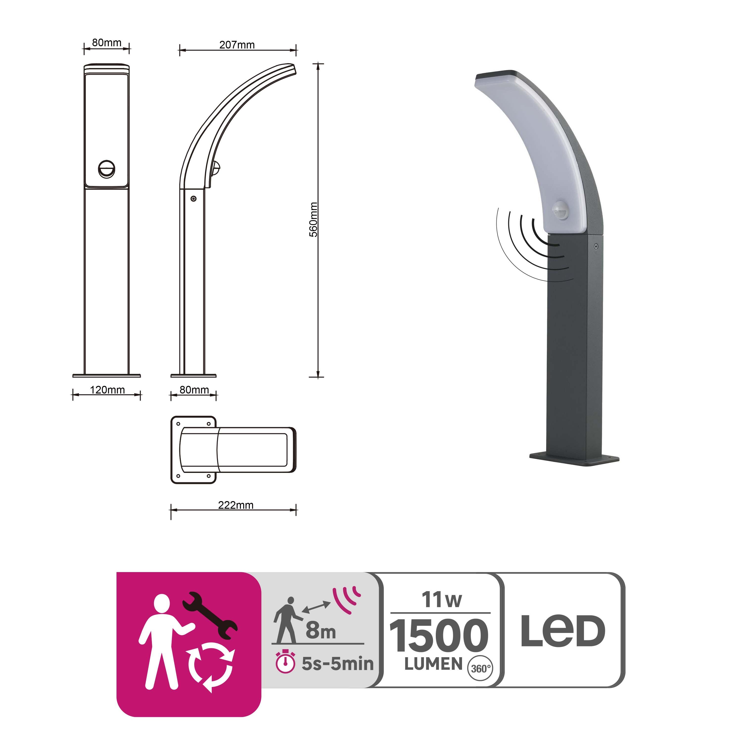 Lampa ogrodowa zewnętrzna słupek Lakko z czujnikiem 1500 lm szara 56 cm IP44 LED Inspire - 10