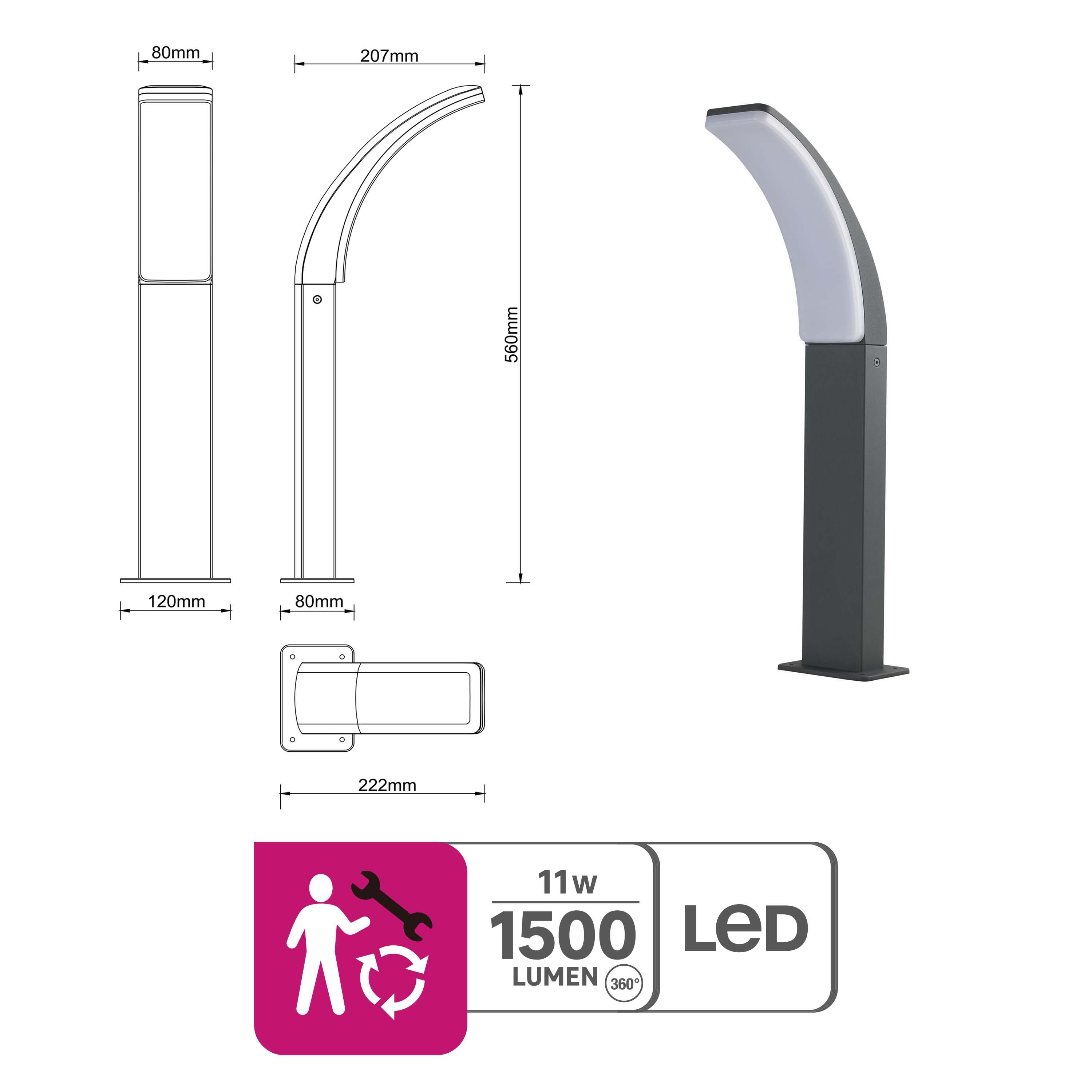 Lampione da giardino LED, LAKKO H 56 cm, antracite 1500 LUMEN, IP44 INSPIRE - 10