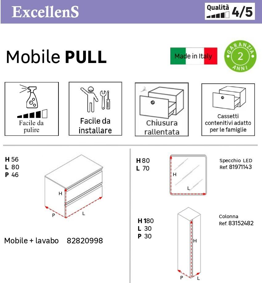 Mobile bagno sospeso con lavabo Pull L 80 x H 56 x P 46 cm bianco opaco in mdf 2 cassetti per vasca centrale , piedini non inclusi - 11