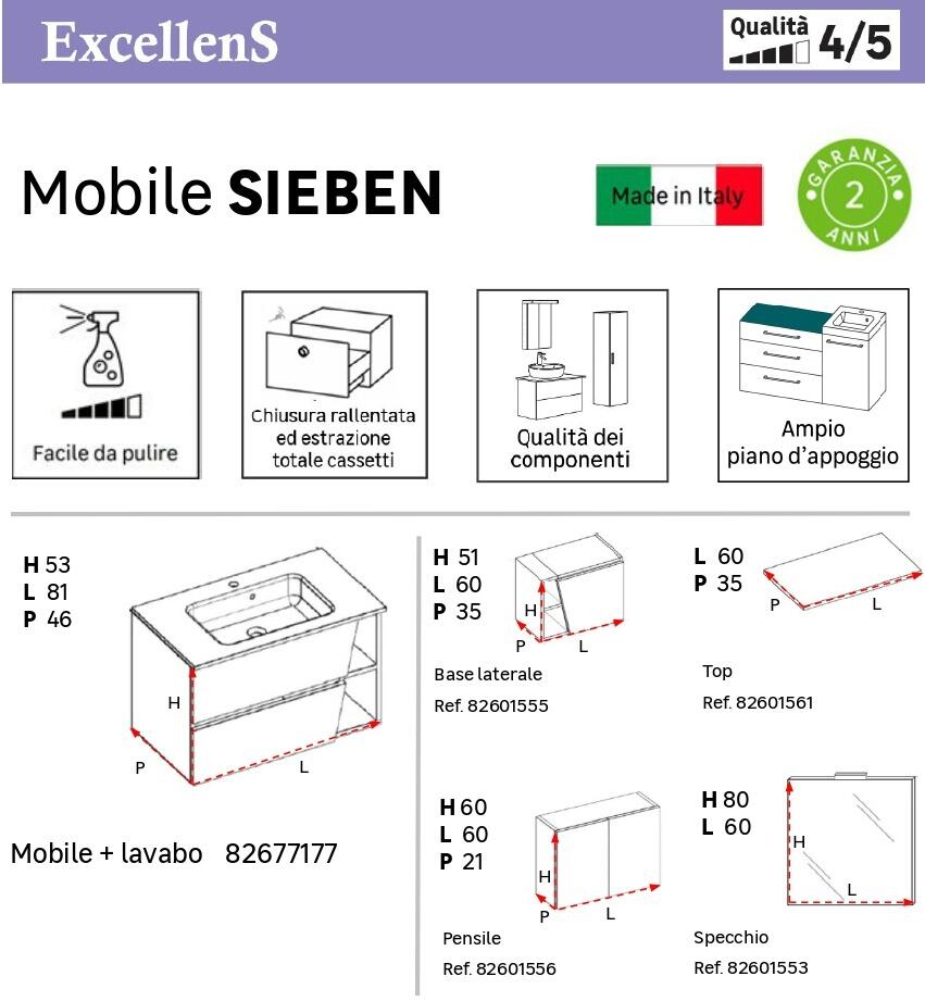 Mobile bagno sospeso con lavabo L 80 x H 51 x P 45 cm canyon per vasca centrale Sieben - 3