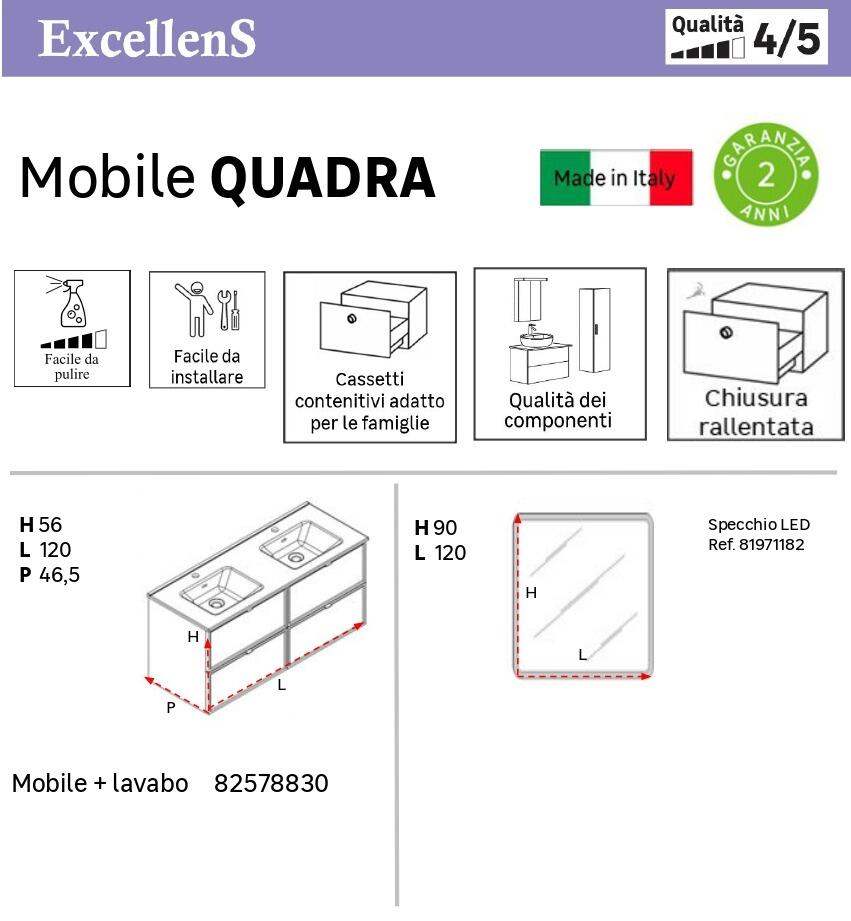 Mobile bagno sospeso con lavabo L 120 x H 57 x P 46 cm bianco-mirto in mdf 4 cassetti per doppia vasca Quadra - 5