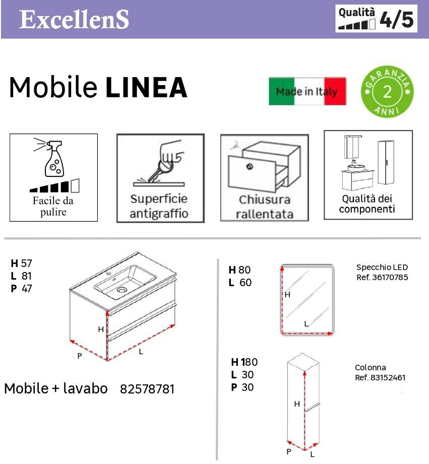 Mobile bagno sospeso con lavabo L 80 x H 55 x P 46 cm rovere natura in truciolare 2 cassetti per vasca centrale Linea - 6