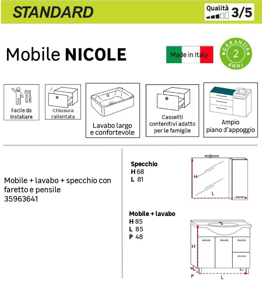 Mobile bagno da terra con lavabo e specchio e illuminazione L 85 x H 85 x P 33.5 cm bianco frassino, 2 ante 2 cassetti per vasca centrale Nicole - 5