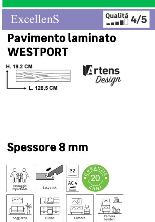 Pavimento laminato effetto legno larice chiaro, AC4 classe 32, sp. 8 mm, ARTENS Westport, 1.99 m² - 51