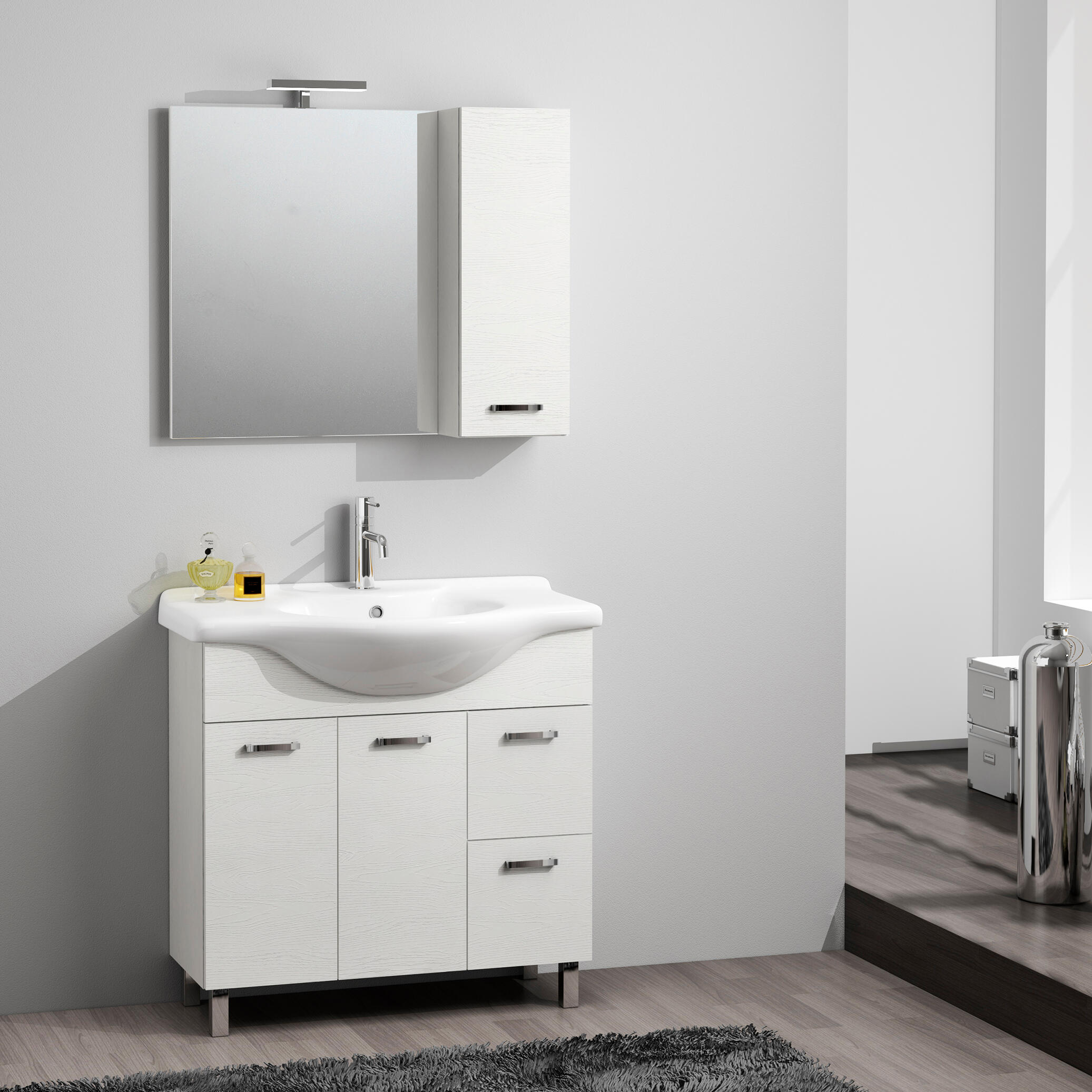 Mobile bagno da terra con lavabo e specchio e illuminazione L 85 x H 85 x P 33.5 cm bianco frassino, 2 ante 2 cassetti per vasca centrale Nicole - 2