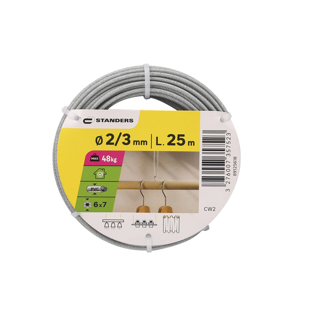 Cabo de aço zincado STANDERS COM BAINHA TRANSPARENTE 2/3MM 25M