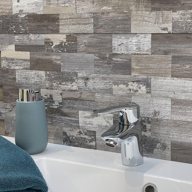 Piastrella Mosaico autoadesivo in legno Desenzano grigio e tortora e beige L 32 x L 32cm x Sp. 20 mm, 4 pezzi