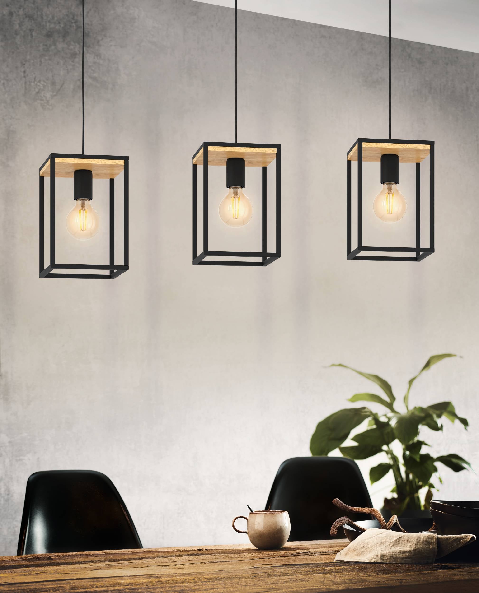 EGLO Lampadario Industriale Libertad nero paralume marrone 3x E27 Ø0cm