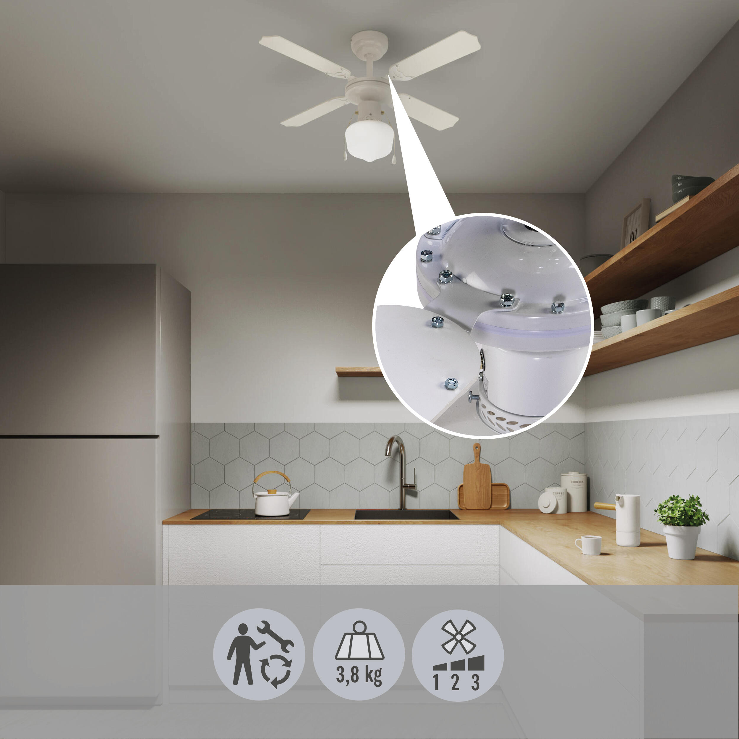 Ventilador de techo con luz AC ø91 cm Barbade blanco/beige E27 4 aspas de madera |3 velocidades |modo verano/invierno | recomendado para <13m² - 14