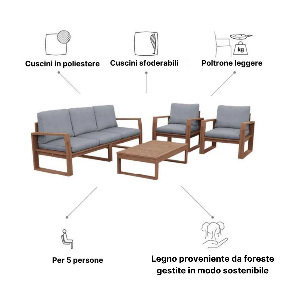 Salotto da giardino per 5 persone marrone Solaris NATERIAL con cuscini in poliestere grigio - 22