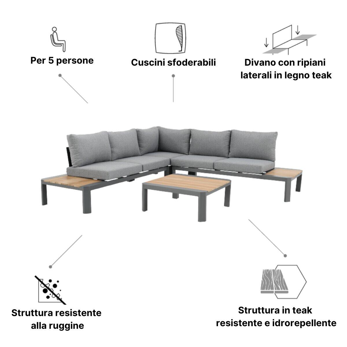 Salotto da giardino angolare per 5 persone marrone Bali NATERIAL con cuscini in poliestere grigio - 25