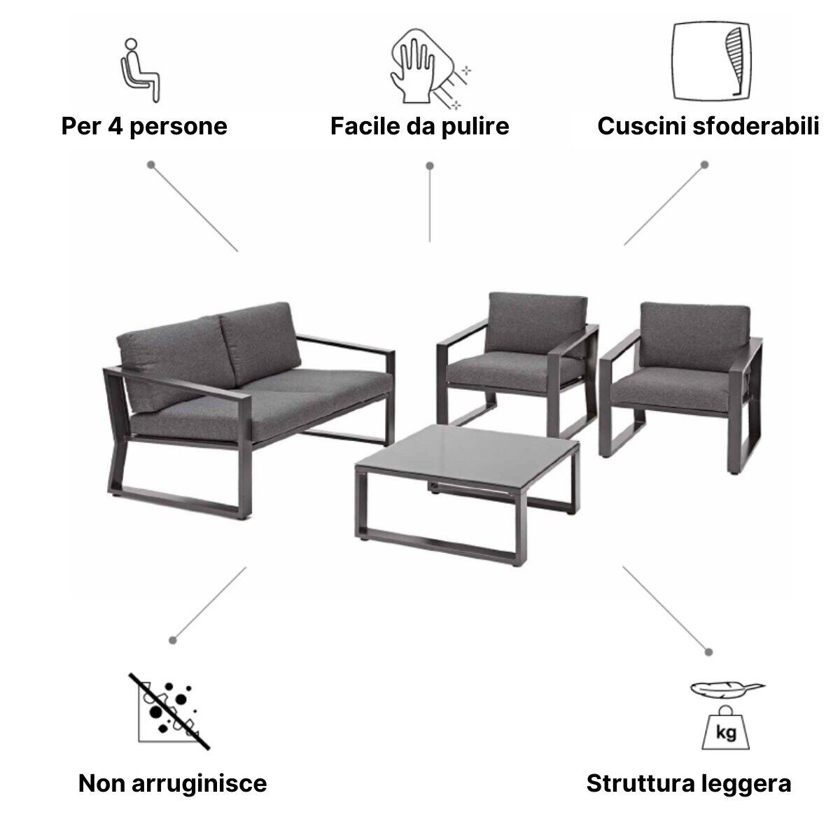 Salotto da giardino per 4 persone antracite Lyra NATERIALcon cuscini in poliestere grigio - 38