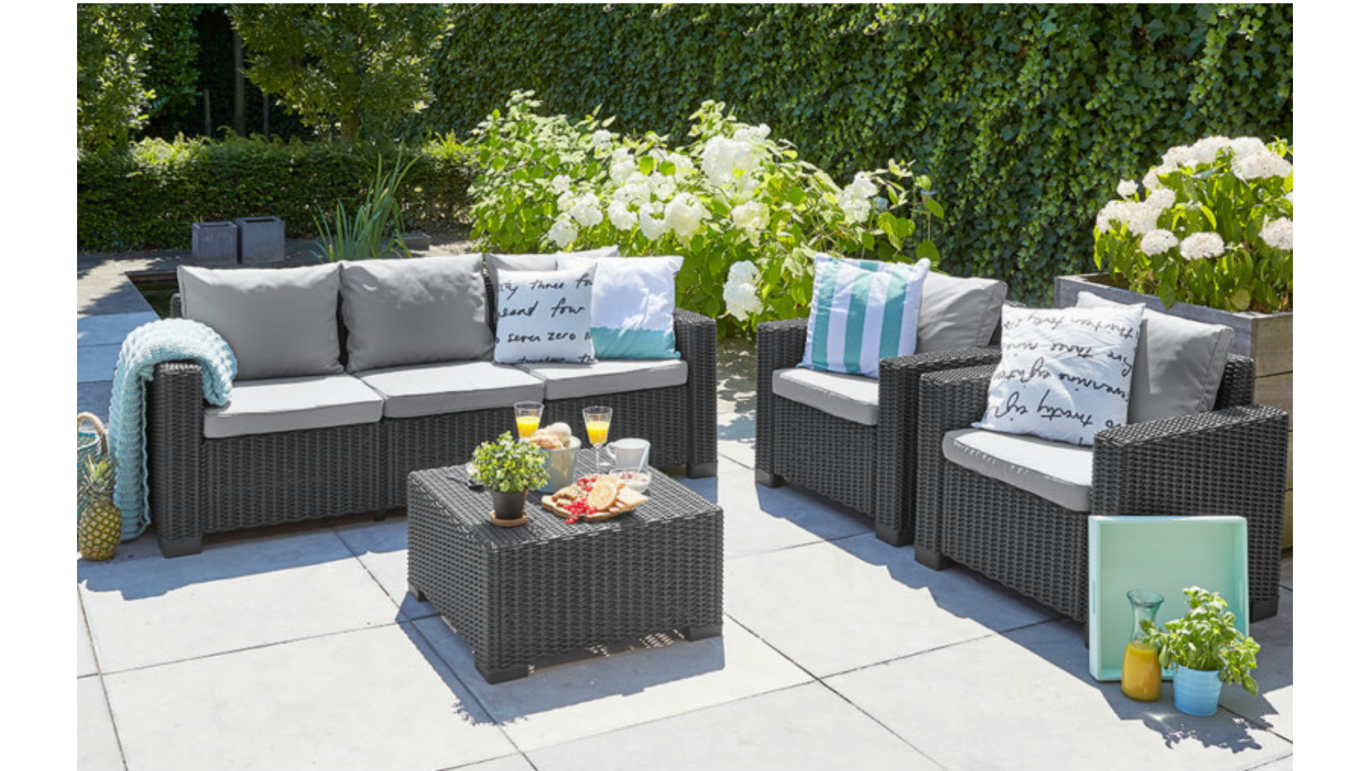 Divano da giardino con cuscino grigio e braccioli California KETER, struttura in resina intrecciata seduta in resina antracite, L 68 x H 71.5 x P 68 cm - 3