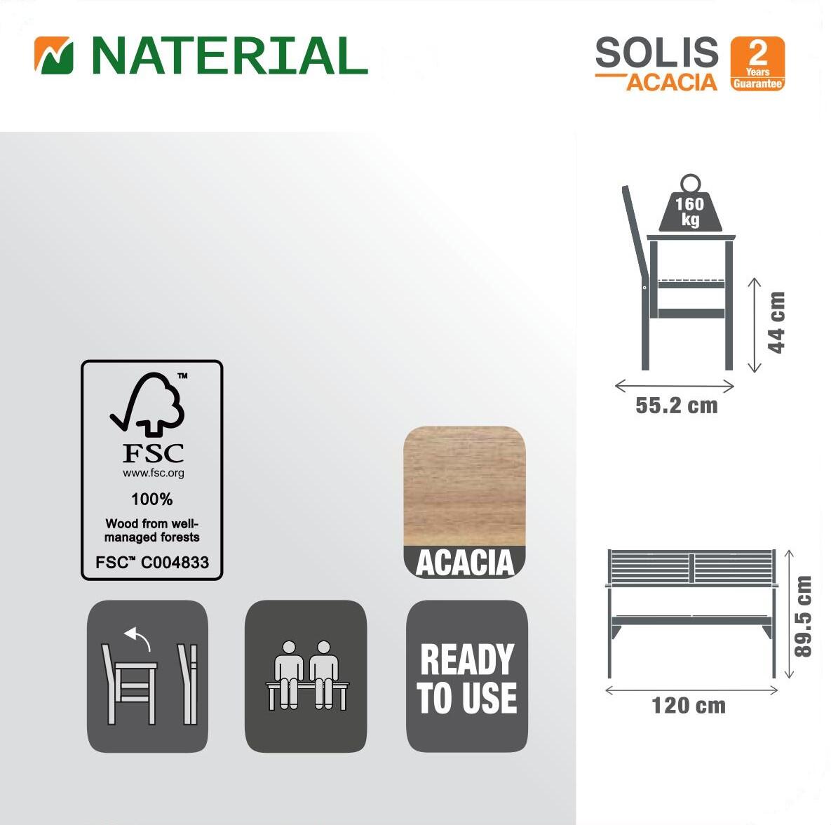 Panca da giardino in acacia con braccioli pieghevole Solaris NATERIAL, 2 posti, seduta beige - 17