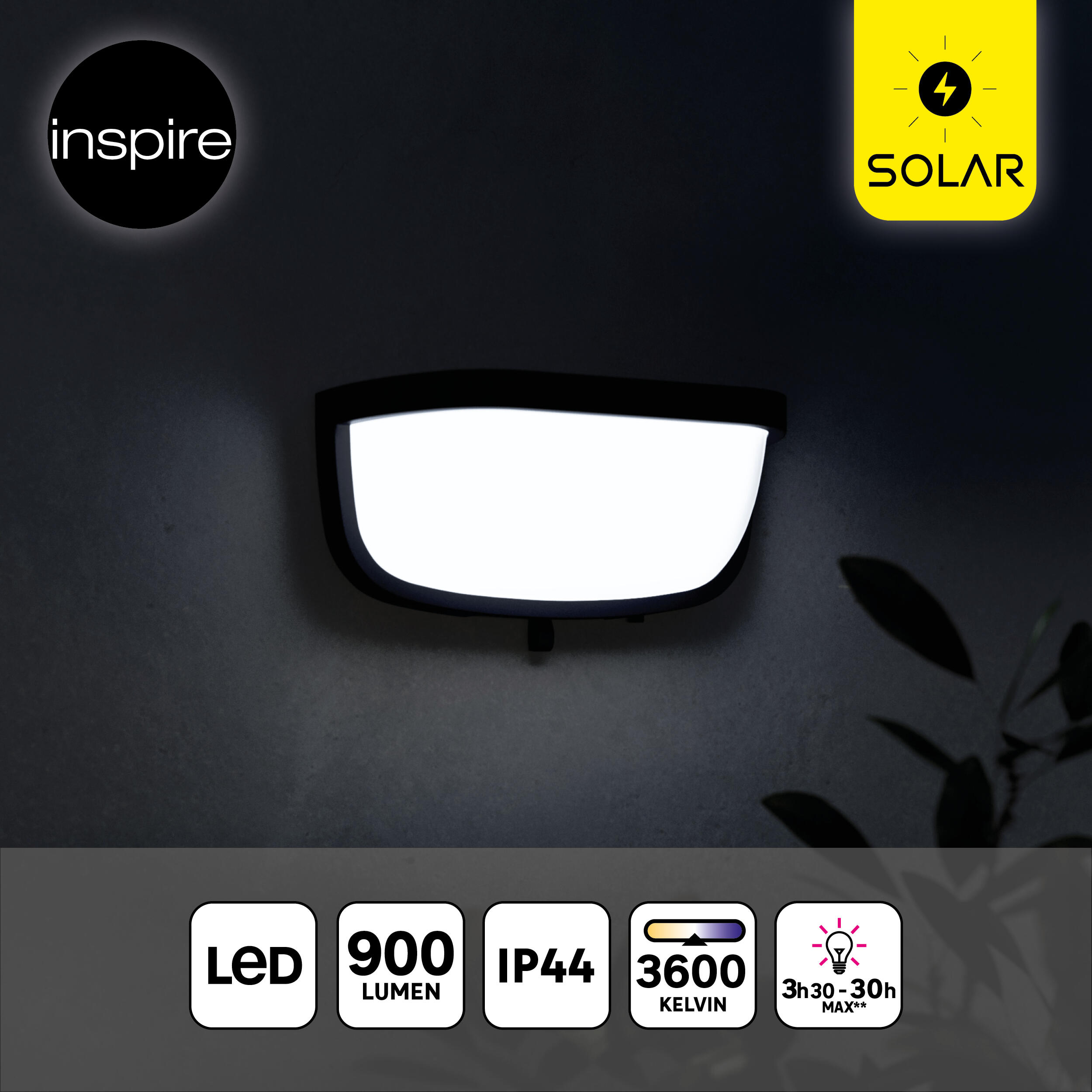 Candeeiro de parede solar 900lm IP44 27X12,3 cm preto Inspire - 8