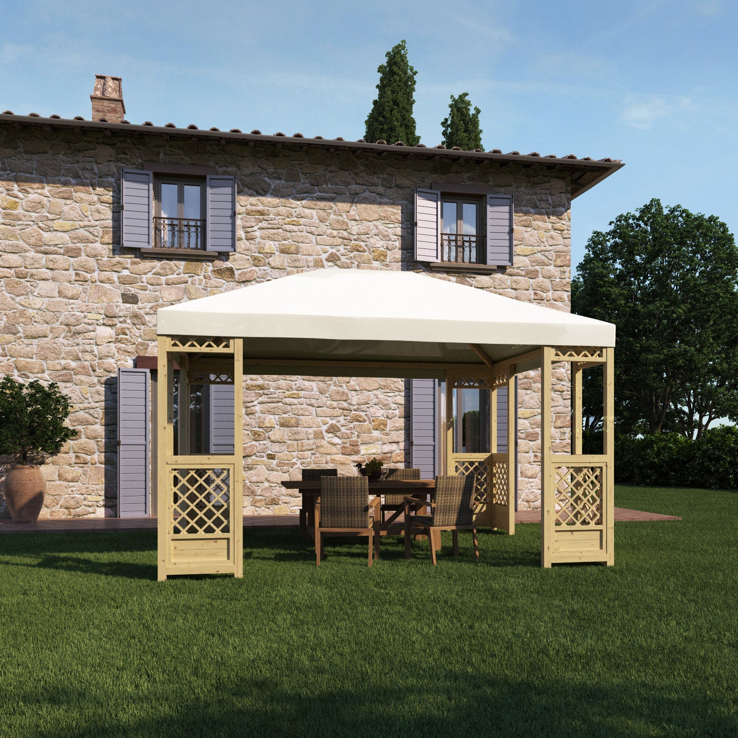 Gazebo Fuji in legno struttura beige, copertura bianco L 414 x P 314 x ...