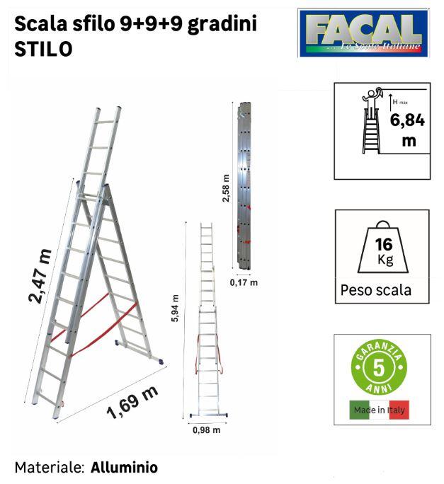 Scala a sfilo FACAL Stilo in alluminio 3 rampe da 9 gradini portata massima 150 kg EN 131 con barre stabilizzatrici per lavori fino a 6.8 m - 5