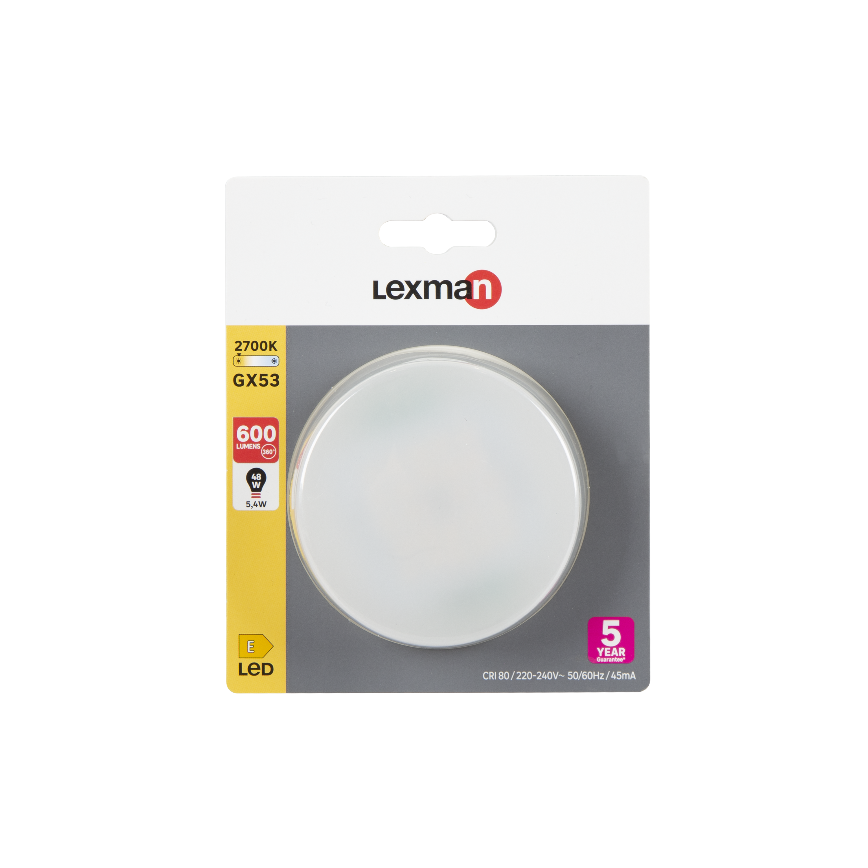 Ampoule led, disque GX53, 600lm = 48W, blanc chaud, LEXMAN - 4