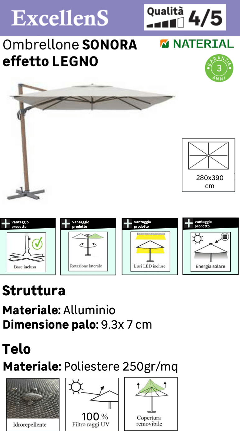 Ombrellone a palo laterale marrone Sonora NATERIAL con telo rettangolare bianco L 280 x P 391 x H 274 cm - 31