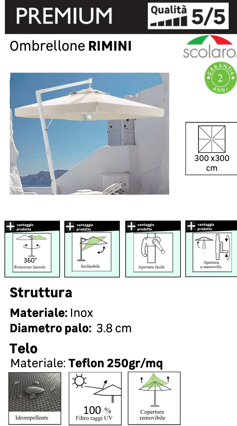 Ombrellone a palo laterale bianco Rimini SCOLARO con telo quadrato ecru L 300 x P 300 x H 310 cm - 8