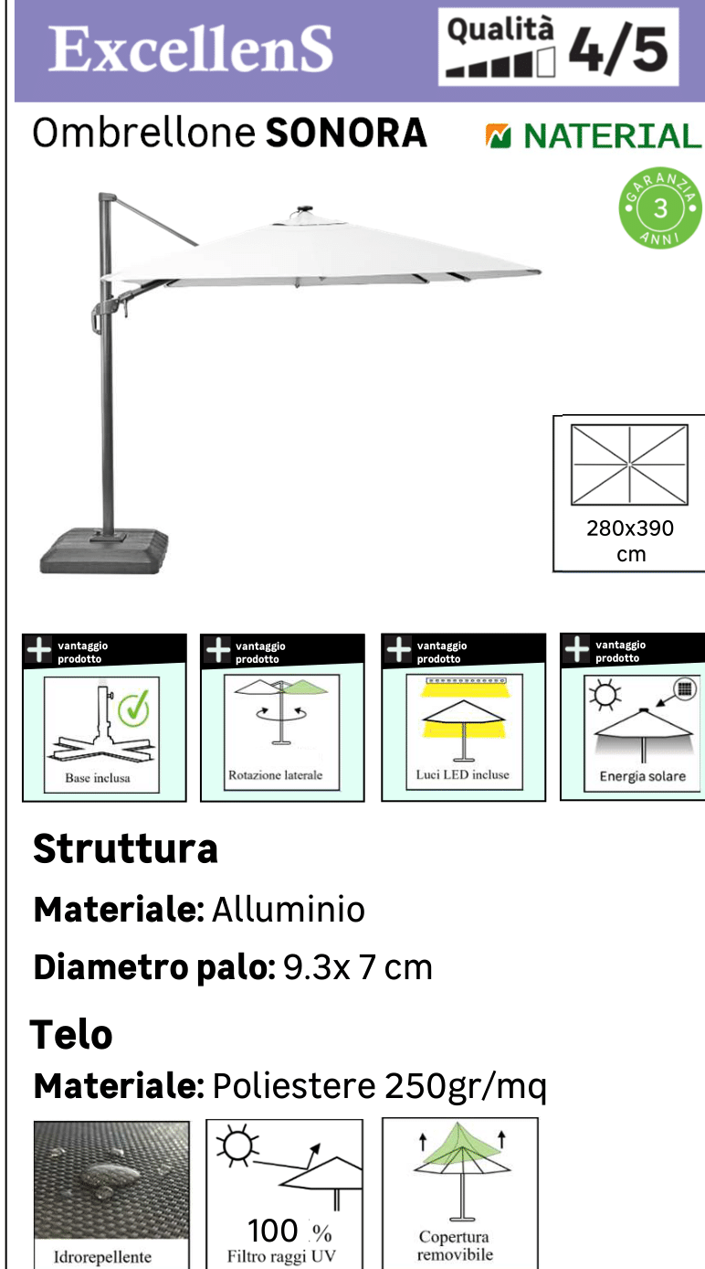 Ombrellone a palo laterale grigio Sonora NATERIAL con telo rettangolare bianco L 391 x P 282 x H 274 cm - 29