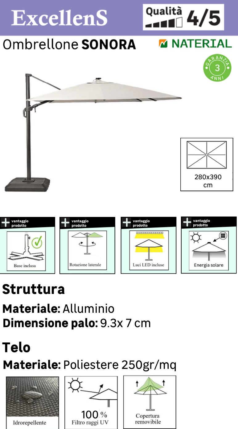 Ombrellone a palo laterale grigio Sonora NATERIAL con telo rettangolare tortora L 282 x P 391 x H 274 cm - 38