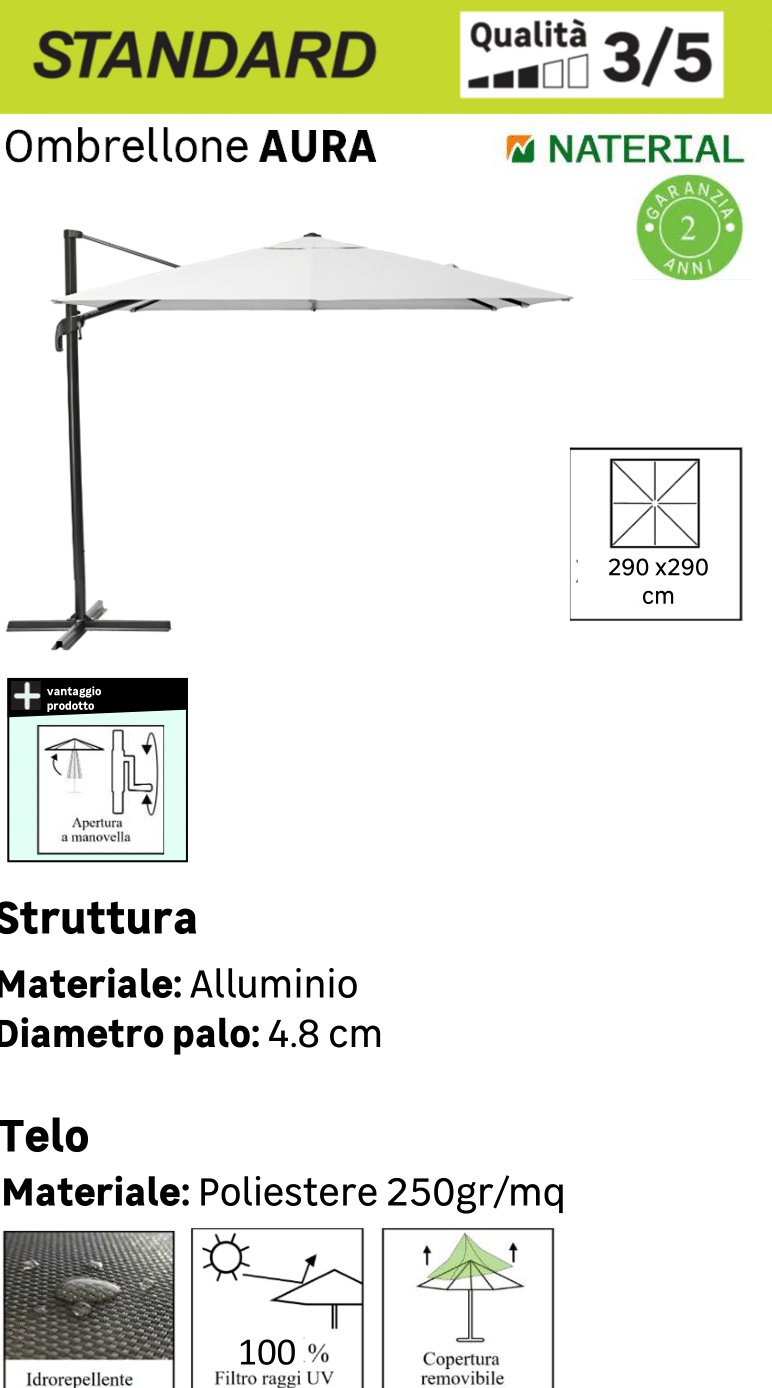 Ombrellone a palo laterale grigio Aura NATERIAL con telo quadrato bianco L 286 x P 286 x H 264 cm - 27