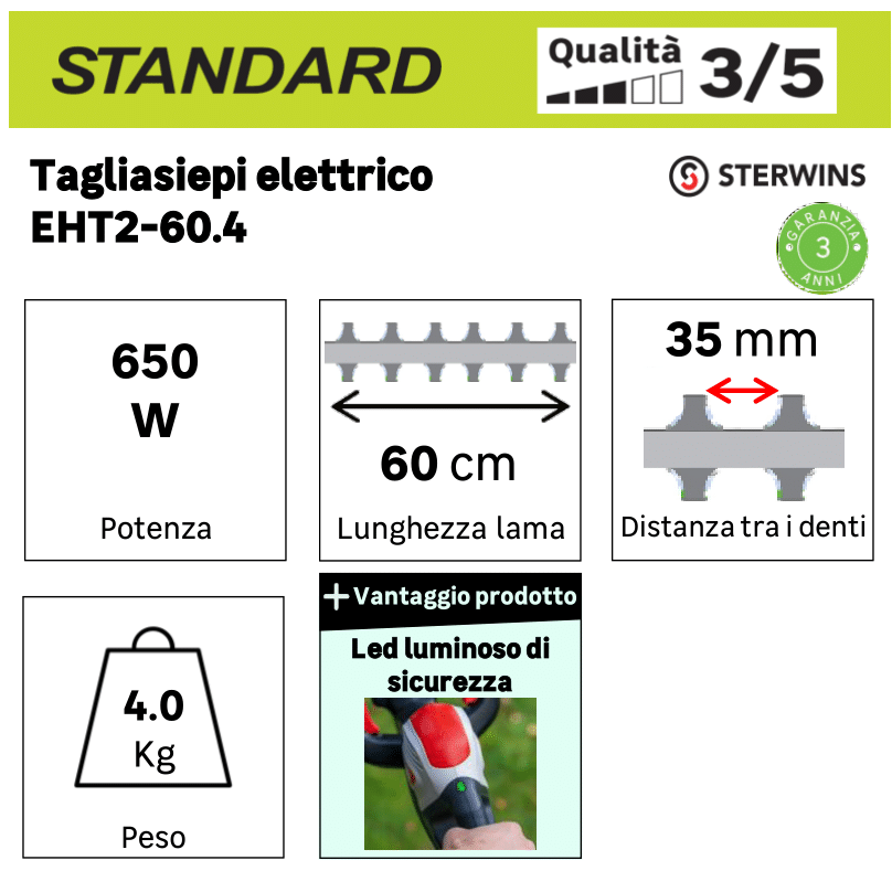 Tagliasiepi elettrico con spazzole al carbonio in acciaio STERWINS EHT2-60.4 2 lame da 60 cm 650 W con guaina protettiva - 9
