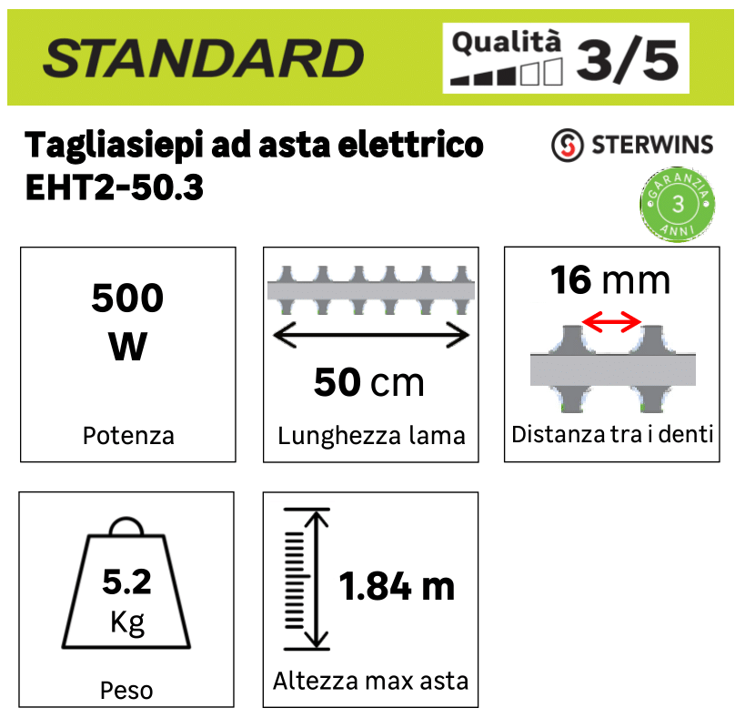 Tagliasiepi ad asta elettrico brushless in acciaio STERWINS ETH 2-50.3 2 lame da 50 cm 500 W con guaina protettiva - 10