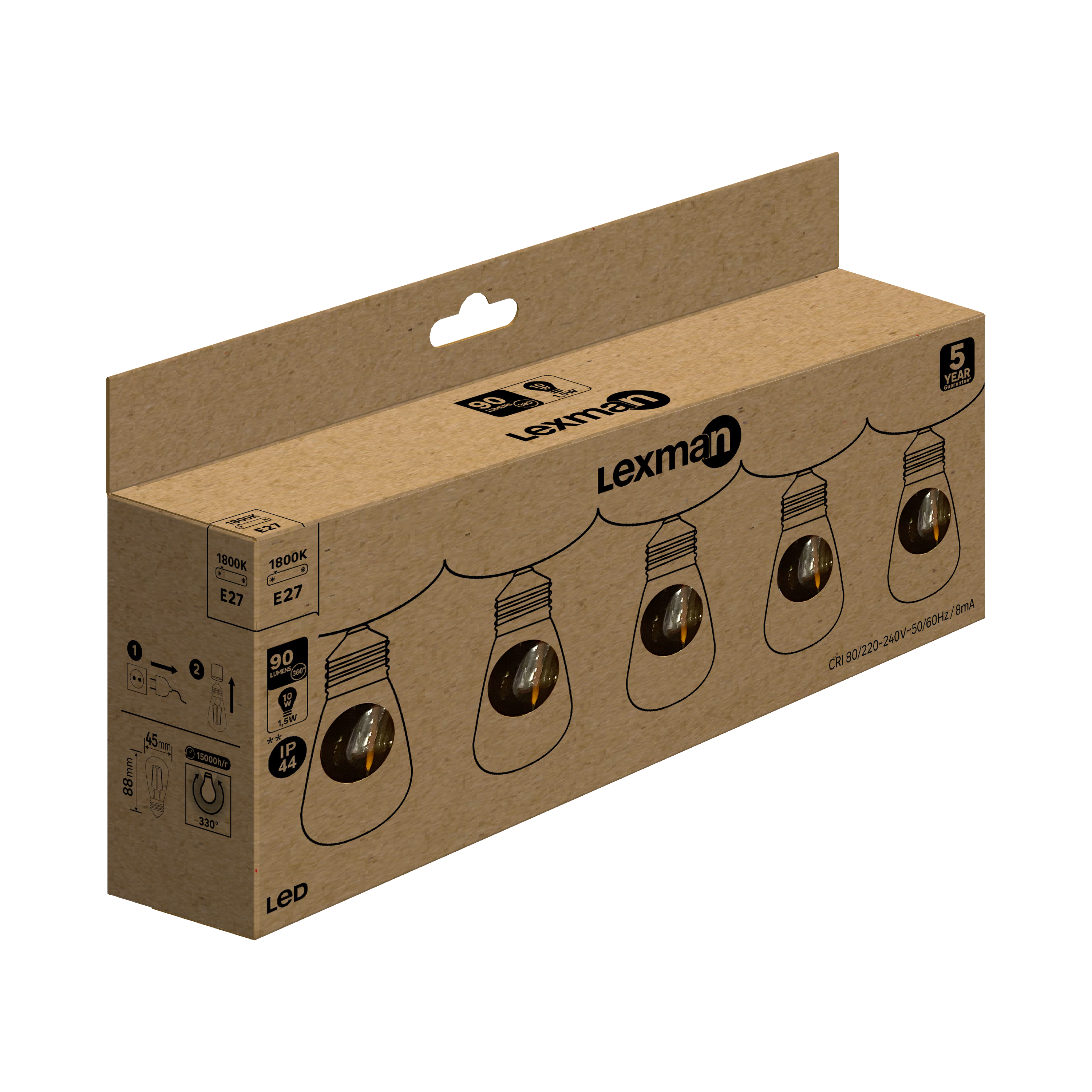Set da 5 lampadine LED, E27 sferico, ambrato, luce calda, 10W= 90 LM (equiv 11 W), 330°, LEXMAN - 3