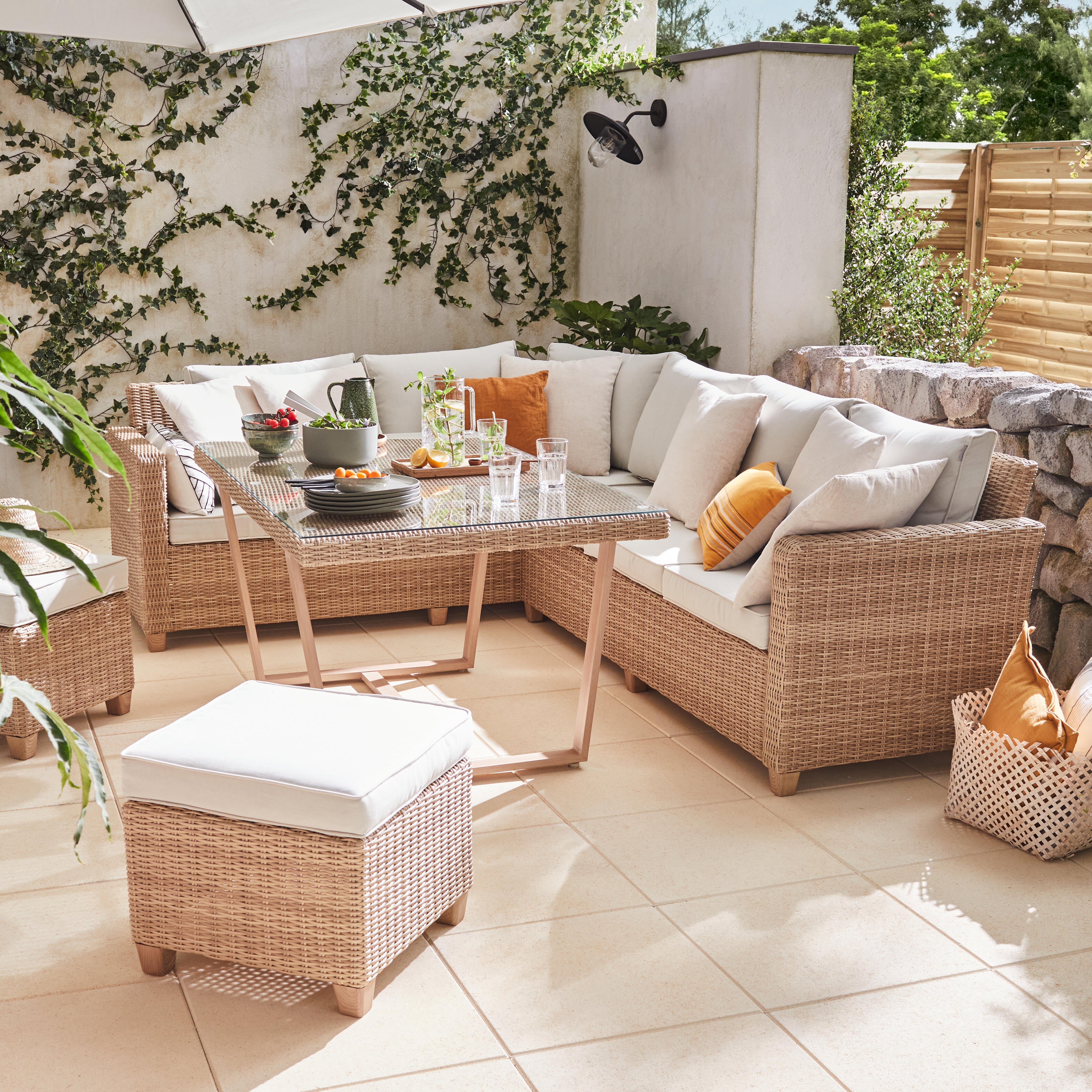 Salotto da giardino angolare per 7 persone beige Medena NATERIAL con cuscini in poliestere bianco - 4