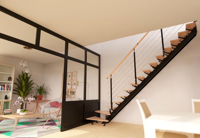 Escalier 1/4 tournant bas revers noir Escatwin 15 marches hêtre brut, l.95 cm