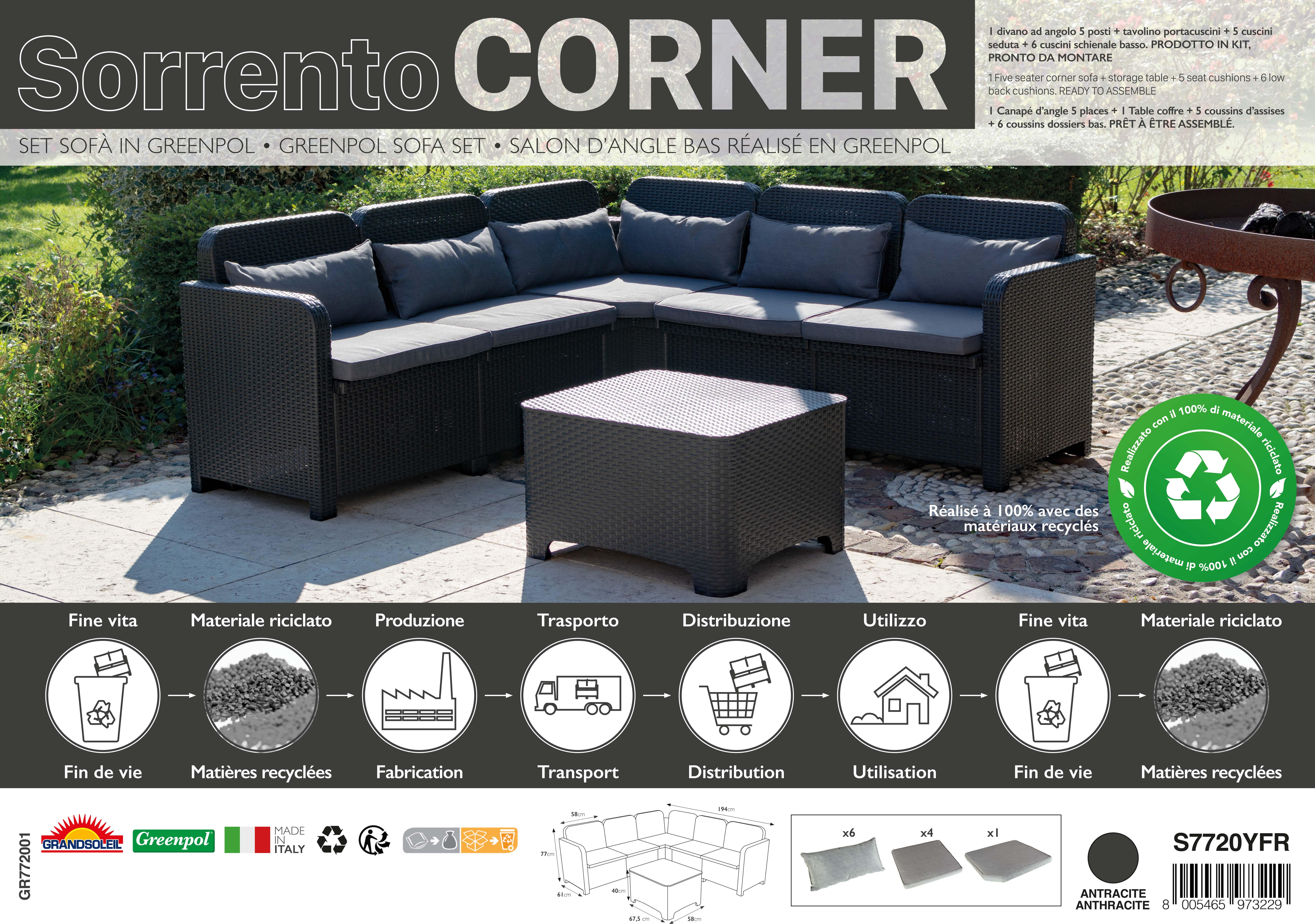 Salon bas de jardin, plastique recyclé, Sorrento CORNER anthracite, 5/6 places - 7